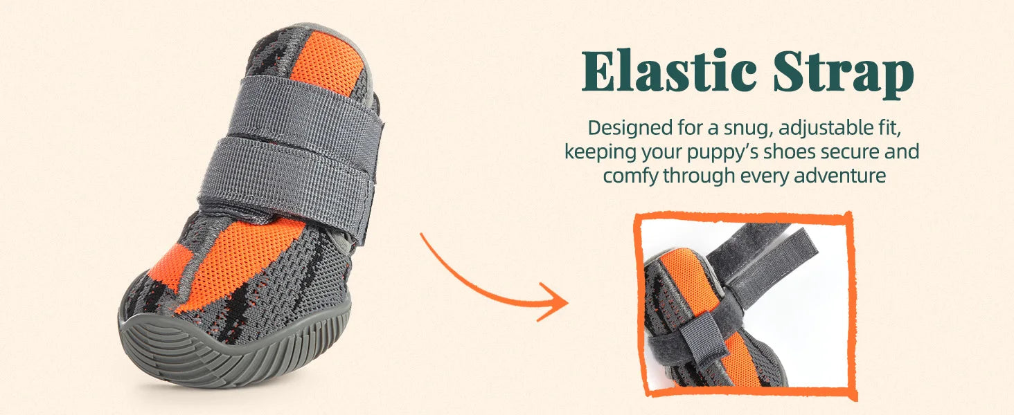 Grey and orange breathable dog boot with a rugged rubber sole and a secure, adjustable elastic fastening strap.