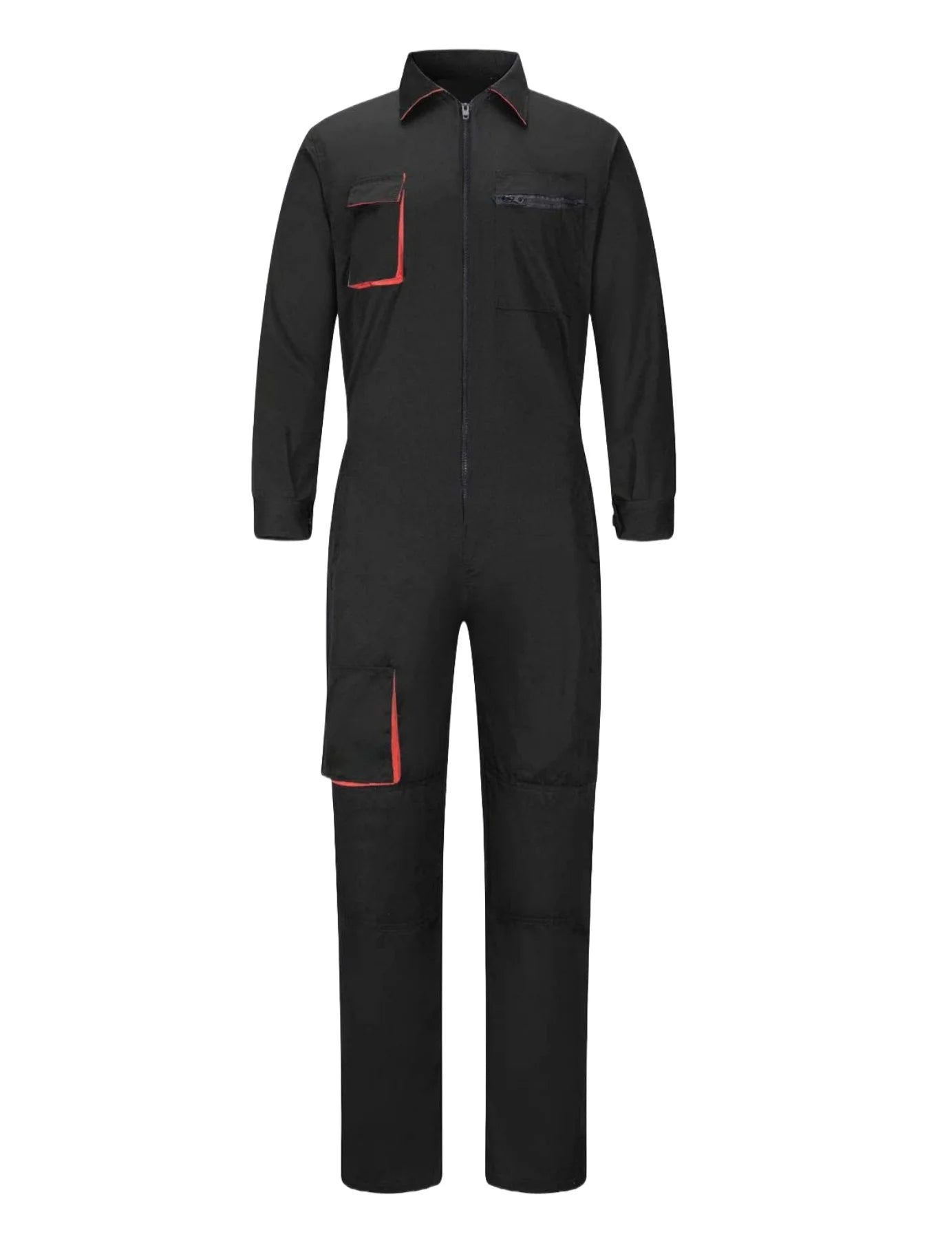 Black long-sleeve work coveralls featuring a zip front, collar, and multiple utility pockets with red trim accents.