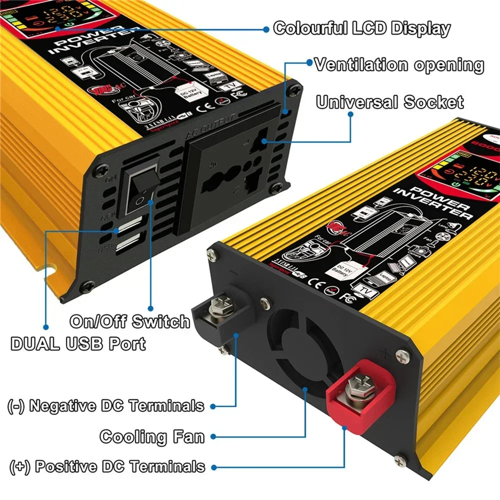 Yellow 6000W car power inverter featuring an LCD display, dual USB ports, universal socket, and cooling fan.