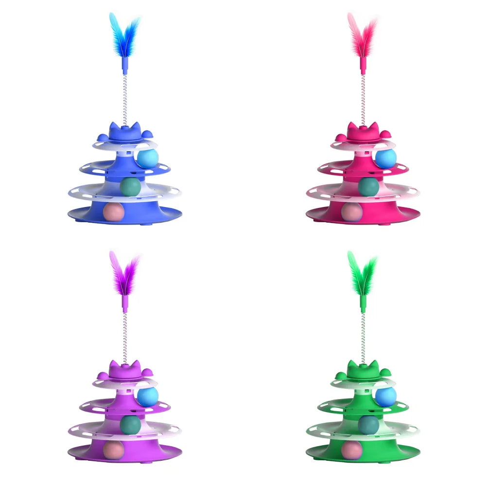 Four interactive cat turntable toys in blue, pink, purple and green, featuring tiered tracks, balls and a top feather.