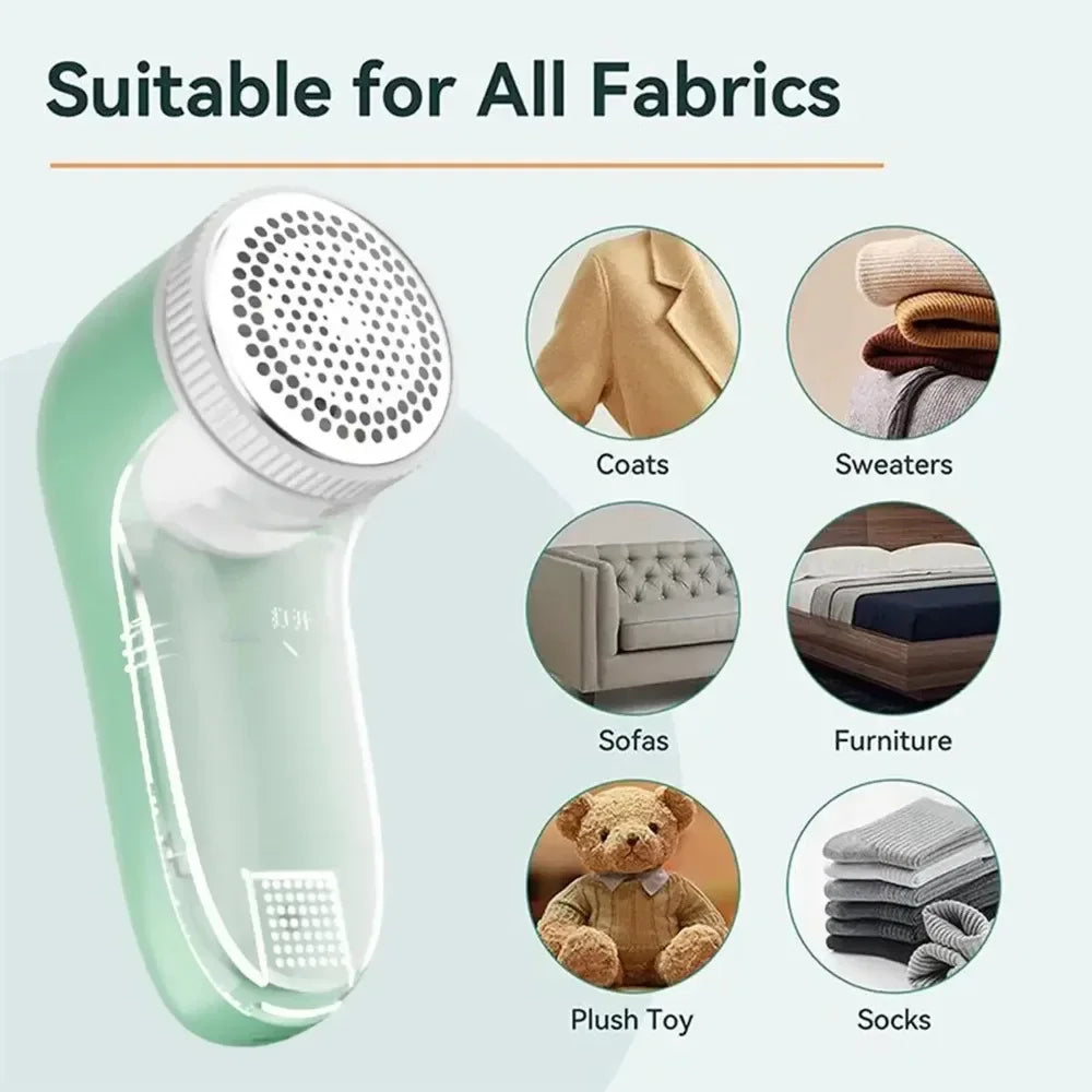 Mint green electric fabric shaver with a metal mesh head, showing its versatility for various household fabrics.