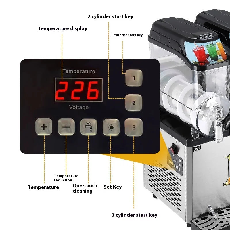 Stainless steel commercial slushie machine with a clear 3-cylinder display and digital control panel for easy operation.