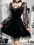 Black velvet mini dress with V-neck, lace trim, and sheer long sleeves, in an A-line silhouette.