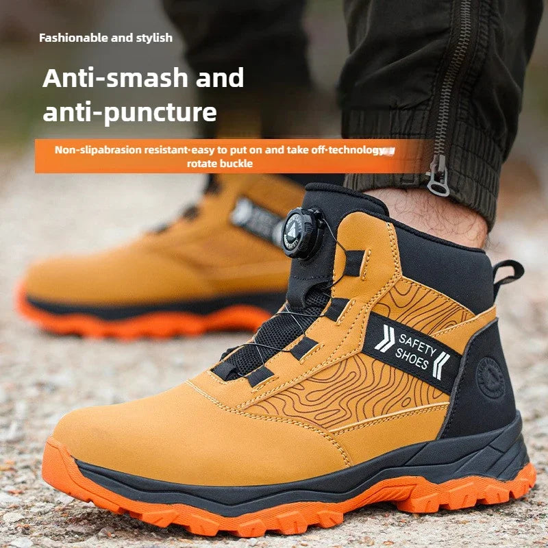 Brown and black high-top safety work boots with a rotating lace buckle, steel toe, and orange rubber outsole.
