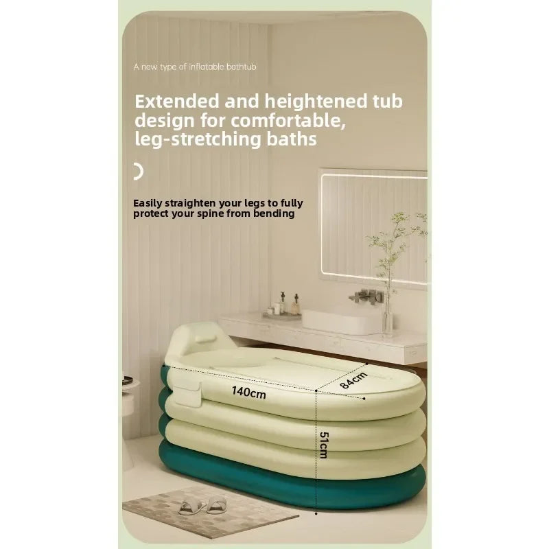 Green and white inflatable bathtub in a bathroom with promotional text and dimensions (140cm x 84cm x 51cm).
