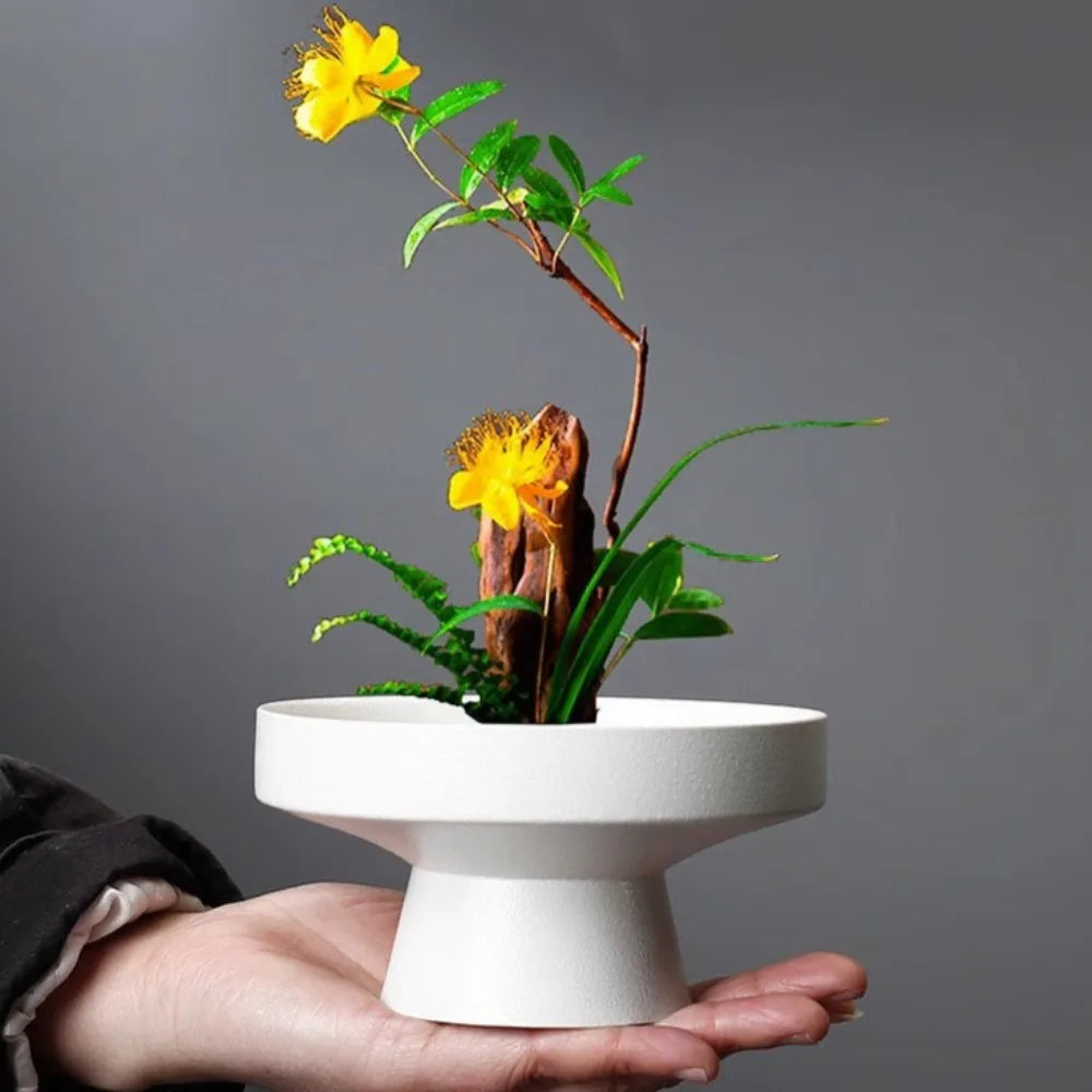 A hand holds a minimalist white pedestal bowl, styled as an ikebana arrangement with yellow flowers and driftwood.