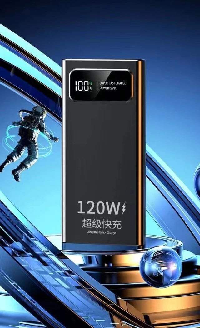 Sleek black 20,000mAh fast-charging power bank with digital percentage display and 120W charging power.