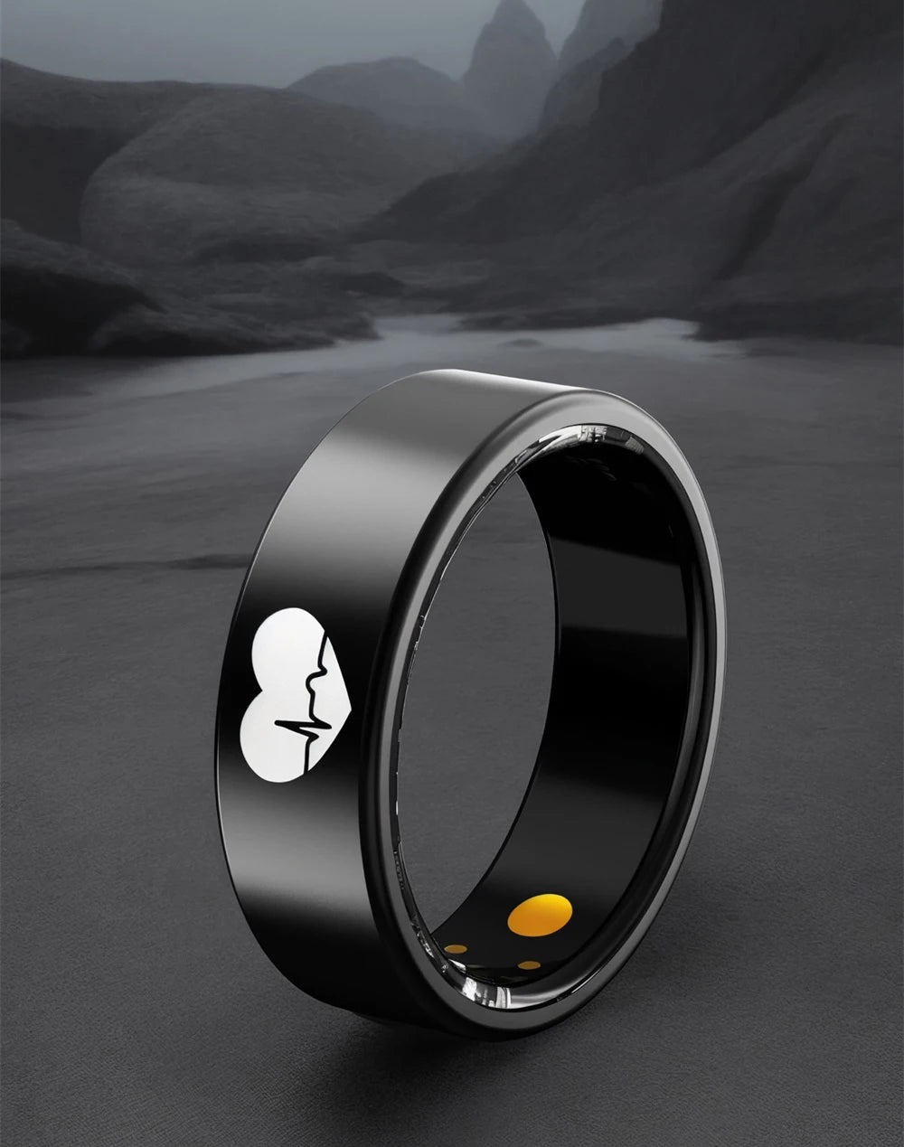 Sleek black smart health ring featuring a white heart-beat icon and internal biometric sensors.