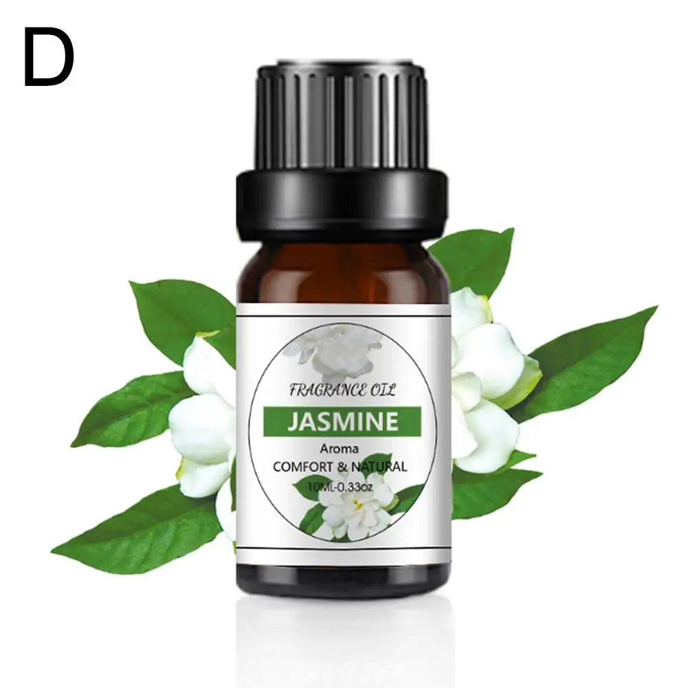 10ml amber glass bottle of jasmine fragrance oil with white label and decorative white flowers and green leaves.