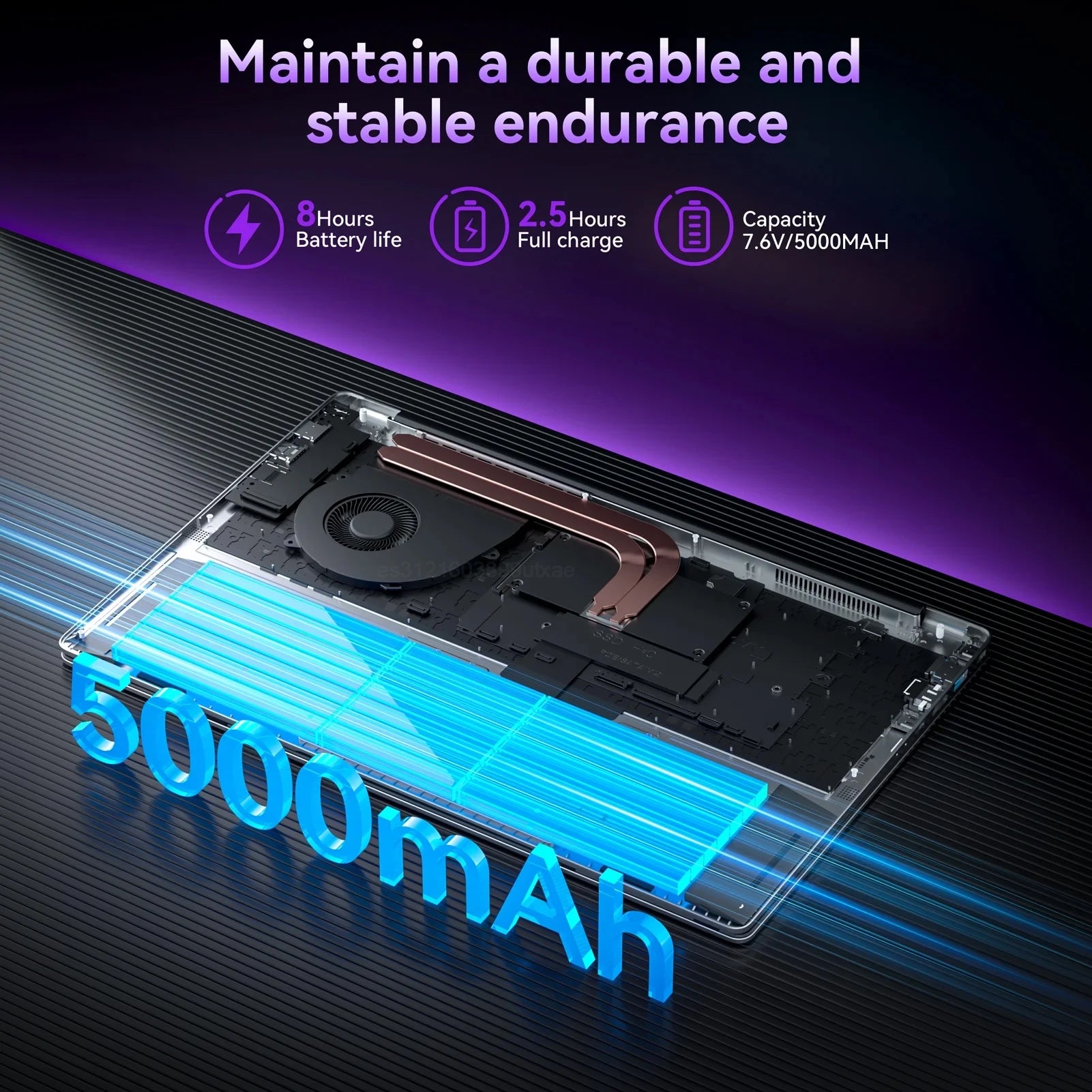 Internal view of a sleek grey laptop showing the battery, cooling fan and heat pipes with a 5000mAh capacity highlight.