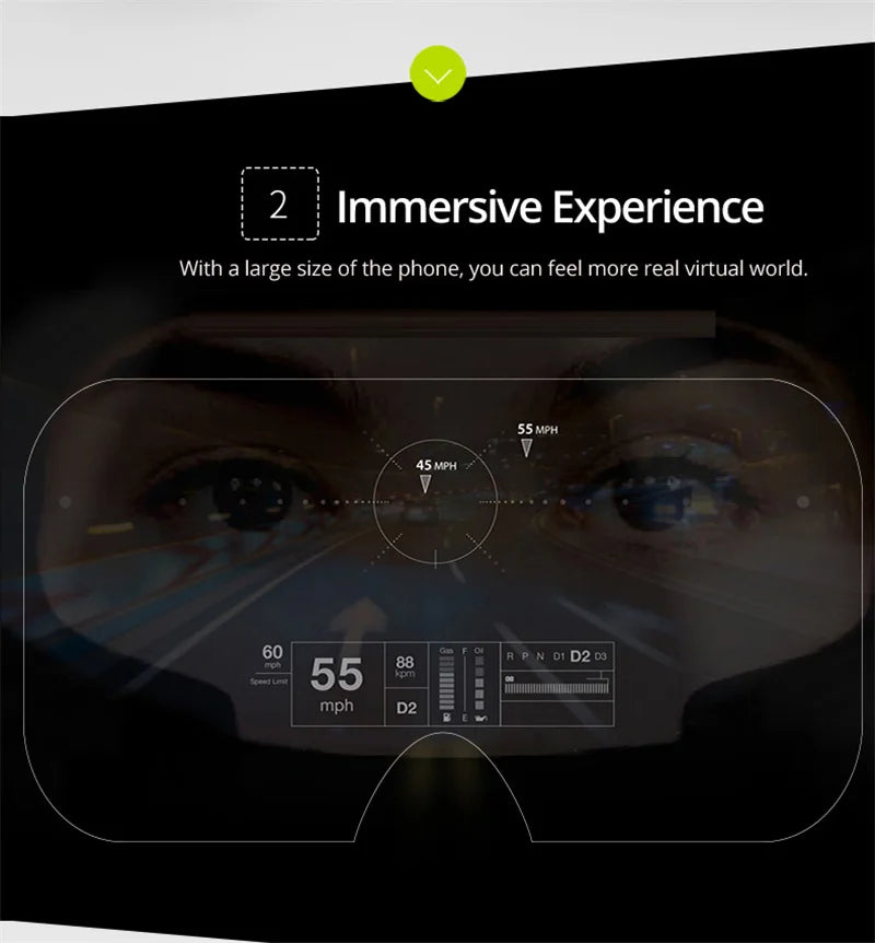 VR headset interface showing a white digital driving dashboard overlay on a blurry road view with speed and gear data.