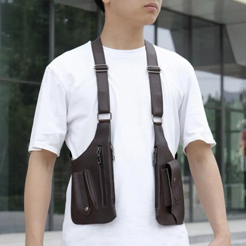 A man wearing a dark brown, retro-style tactical chest bag with dual zip compartments and adjustable shoulder straps.