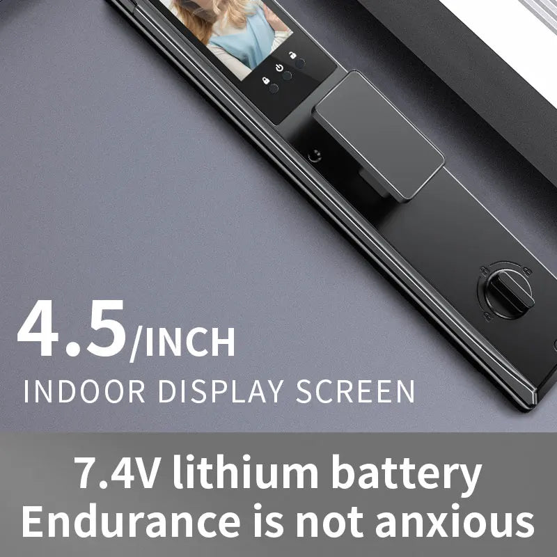 Black metal smart door lock with a 4.5-inch indoor digital display screen, handle, and knob lock.