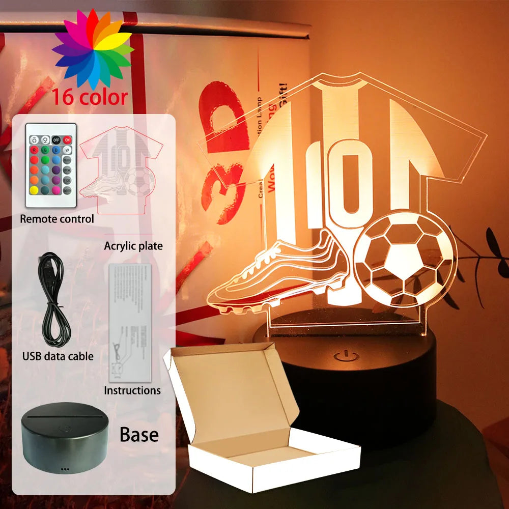 3D LED football shirt lamp with 16 color settings, remote control, USB cable, and display base.