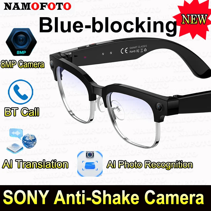 Black smart glasses with blue-light filtering lenses, built-in camera, Bluetooth calling, and AI translation features.