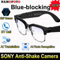 Black smart glasses with blue-light filtering lenses, built-in camera, Bluetooth calling, and AI translation features.