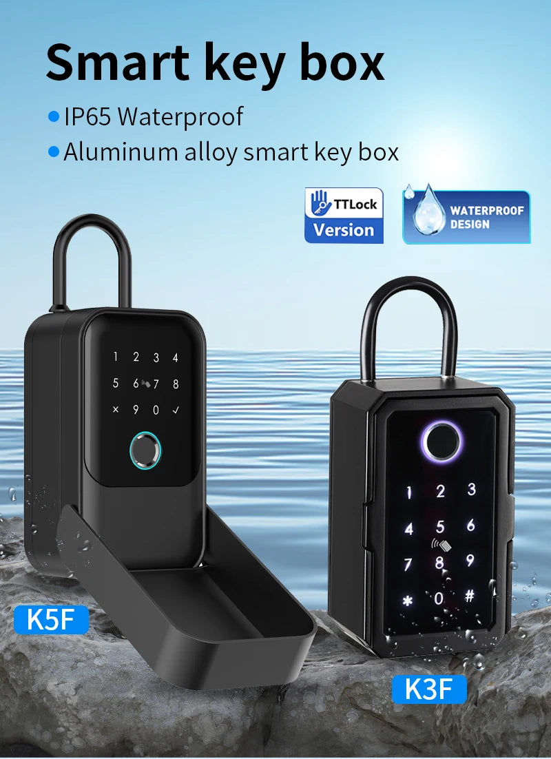 Two black aluminum alloy smart key boxes with numerical keypads and fingerprint scanners, rated IP65 waterproof.