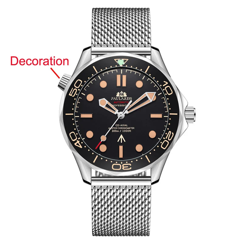Classic men's automatic watch with a black dial, gold-toned markers, and a silver-tone stainless steel mesh strap.