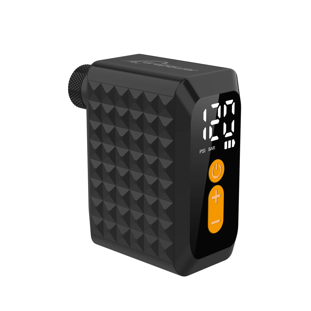 Compact black electric bike pump with textured sides, digital display, and orange control buttons.
