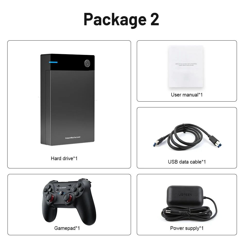 Dark grey 12TB gaming hard drive package with black gamepad, USB cable, power supply, and manual.