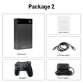 Dark grey 12TB gaming hard drive package with black gamepad, USB cable, power supply, and manual.