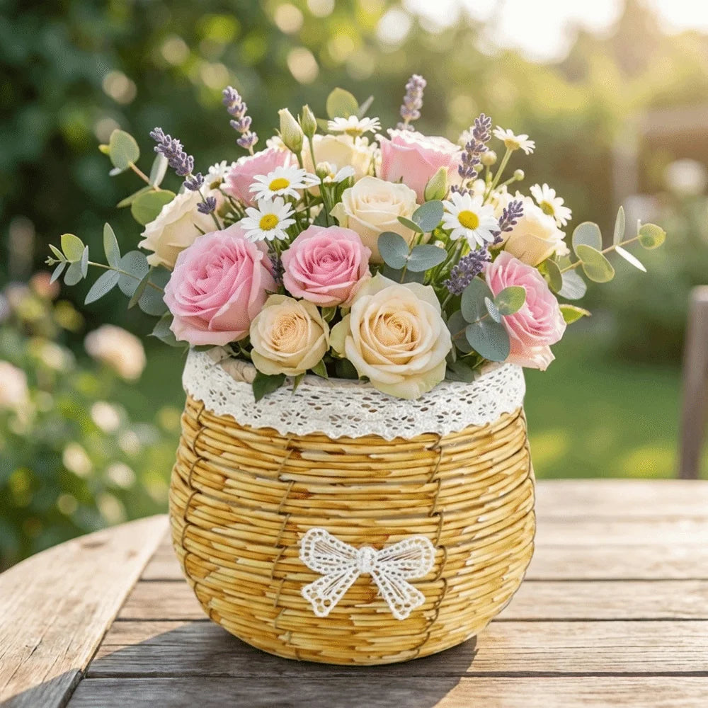 A rustic woven basket, trimmed in white lace with a matching bow, holds a bouquet of pink and cream roses and daisies.