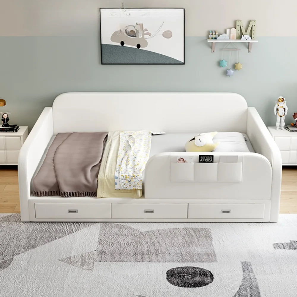 Modern white upholstered daybed with three base storage drawers and a built-in side pocket organiser.