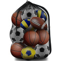 Black mesh drawstring sports bag filled with various footballs, basketballs, volleyballs, and an American football.