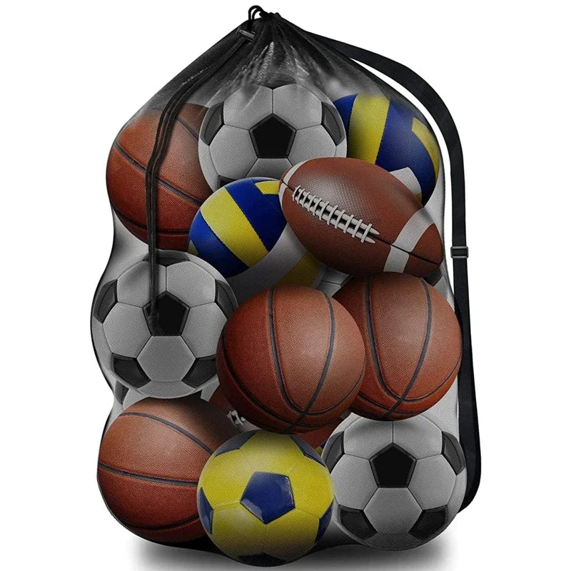 Black mesh drawstring sports bag filled with various footballs, basketballs, volleyballs, and an American football.