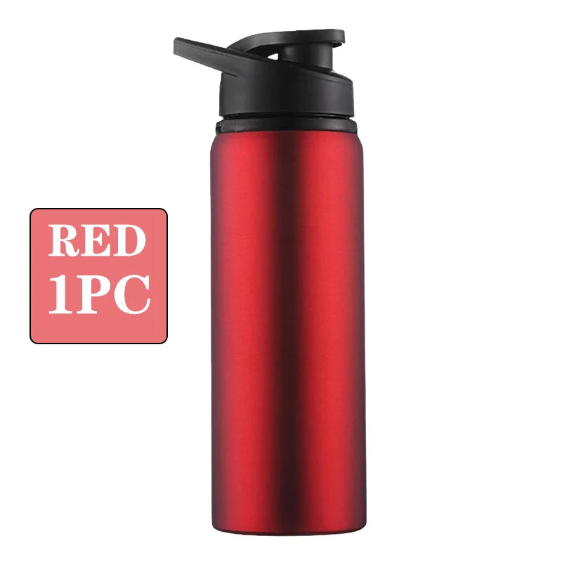 A red, metallic sports water bottle with a black flip-top lid, shown next to a 'RED 1PC' label.