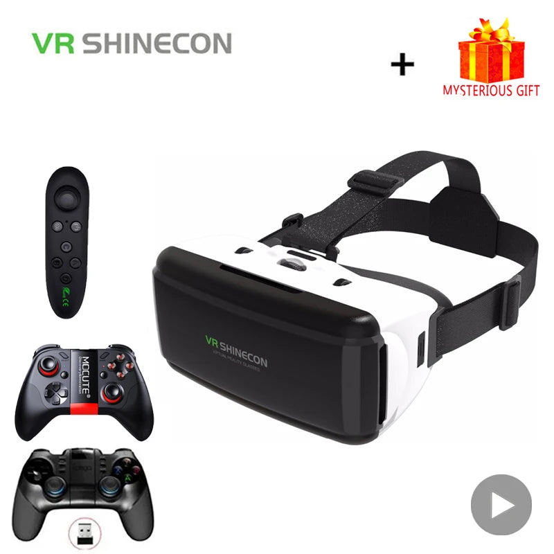 White and black VR Shinecon headset with adjustable straps, plus a remote control and gamepads.