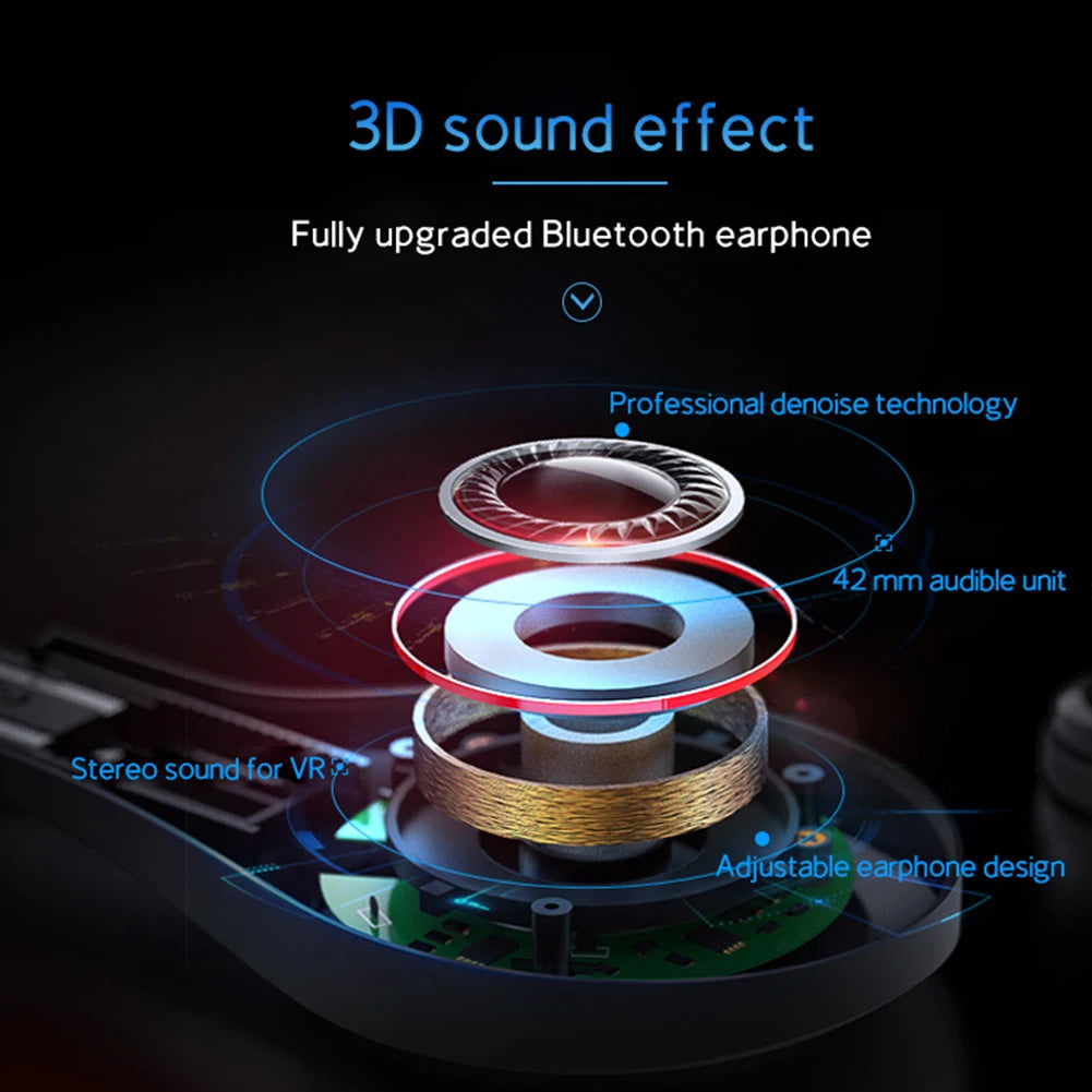 Exploded view of a black VR headset’s adjustable Bluetooth earphone, highlighting its 42mm stereo audio driver.