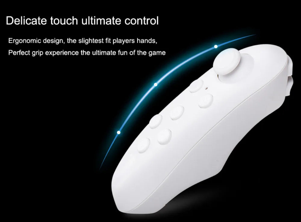 Ergonomic, white handheld VR controller for smartphones, featuring a thumb joystick and multiple control buttons.
