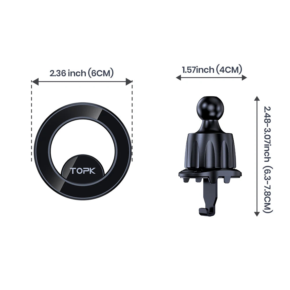 Black magnetic car phone mount with a round face and a hook-style vent clip, shown with labeled dimensions.