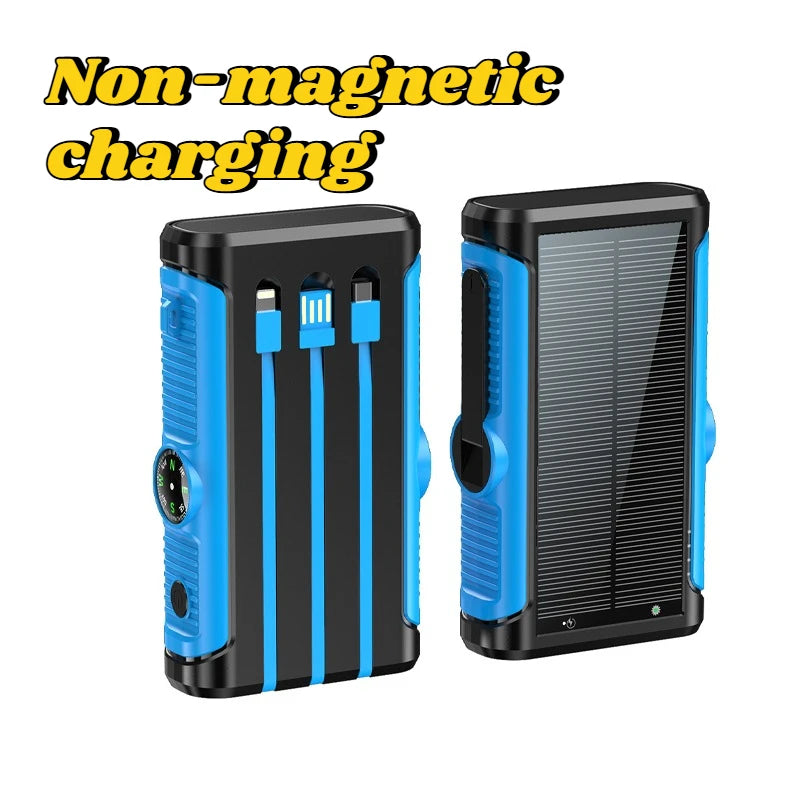 Black and blue solar power bank featuring built-in charging cables, integrated compass, and a rugged outdoor design.