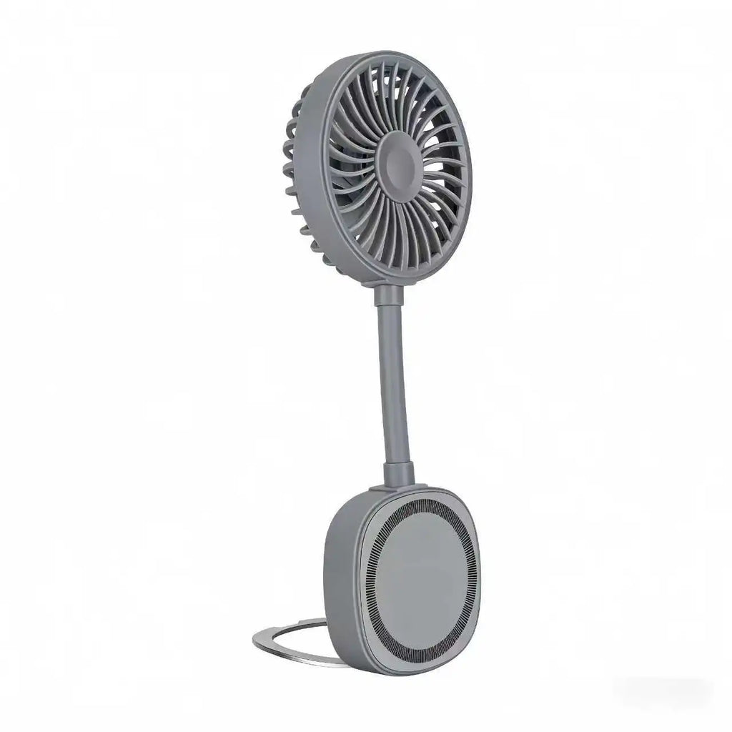 Grey portable desk fan with a flexible neck and circular base stand on a plain white background.