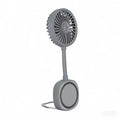 Grey portable desk fan with a flexible neck and circular base stand on a plain white background.