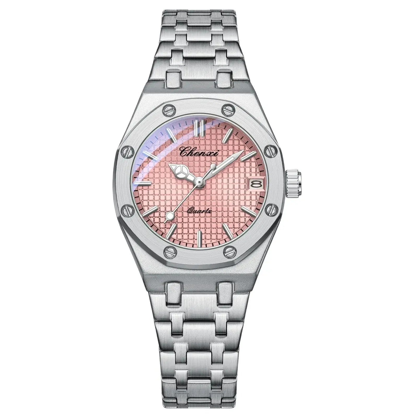 Luxury women’s analogue watch in brushed silver stainless steel with a textured pale pink dial and a date window.