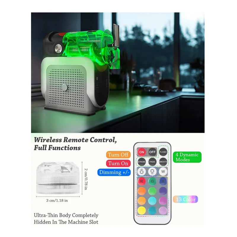 Small, capsule-shaped LED light for slushie machines with remote control, 13 colours and 4 dynamic lighting modes.