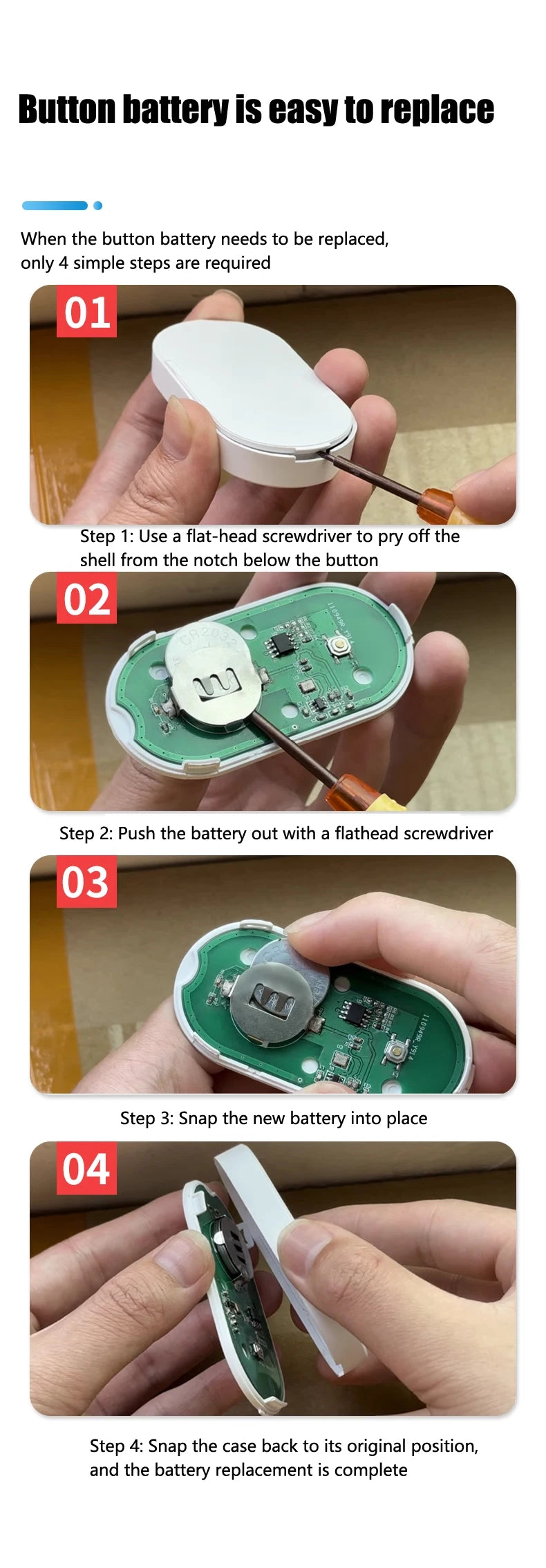Four-step guide on how to replace the button battery in the white wireless doorbell remote.