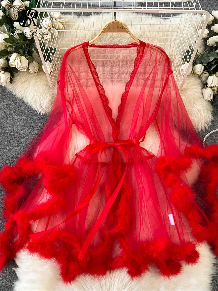 Red sheer long-sleeve midi robe with lace trim, fluffy feather cuffs and hem, and a matching waist tie.