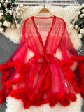 Red sheer long-sleeve midi robe with lace trim, fluffy feather cuffs and hem, and a matching waist tie.