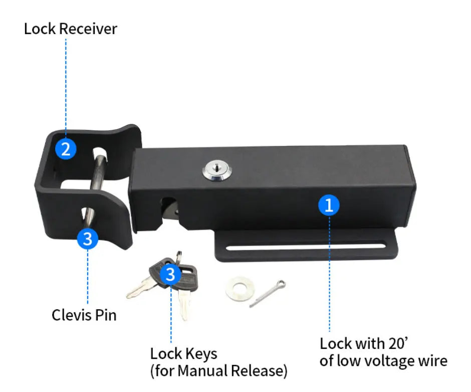 Black metal gate lock with manual keys, receiver bracket, clevis pin, and hardware.