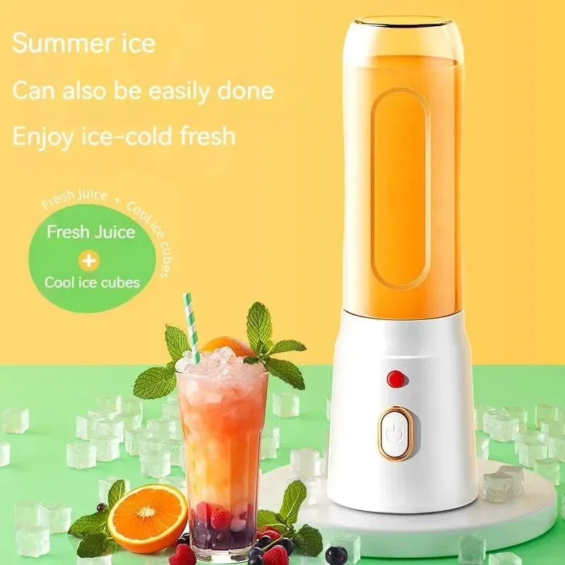 Portable white blender with an orange juice container, set against a yellow and green background with fruit and ice.