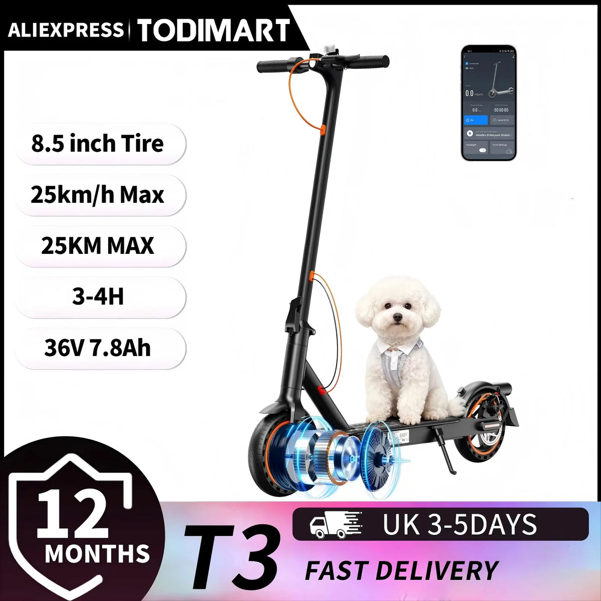 Black foldable electric scooter with 8.5-inch tires, a white dog on the deck, and a smartphone app graphic.