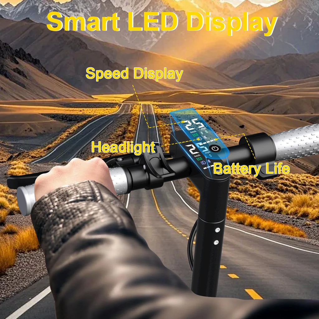 Black AOVOPRO adult electric scooter handlebars with smart LED display showing speed and battery life.
