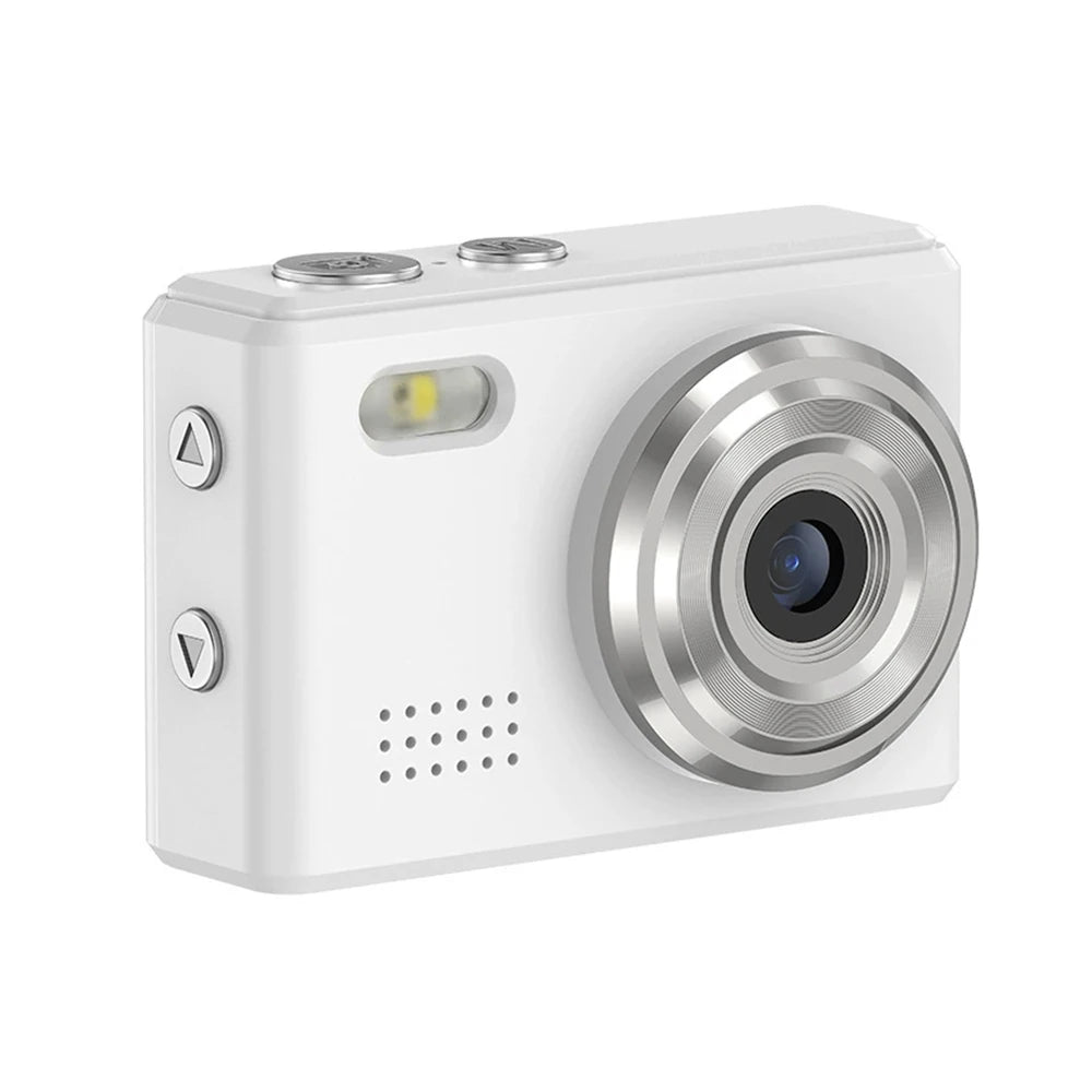 White plastic digital camera with a silver lens, two top buttons, a side flash, and side navigation buttons.
