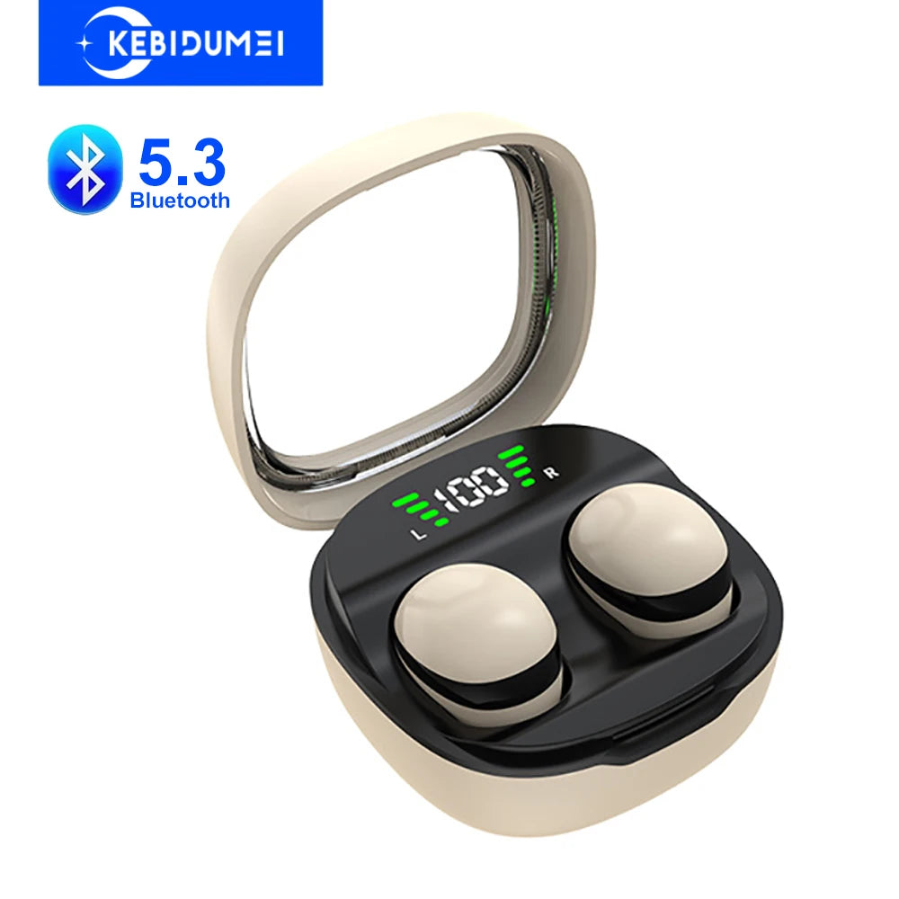 Cream-colored wireless earbuds in a charging case with a digital battery display.