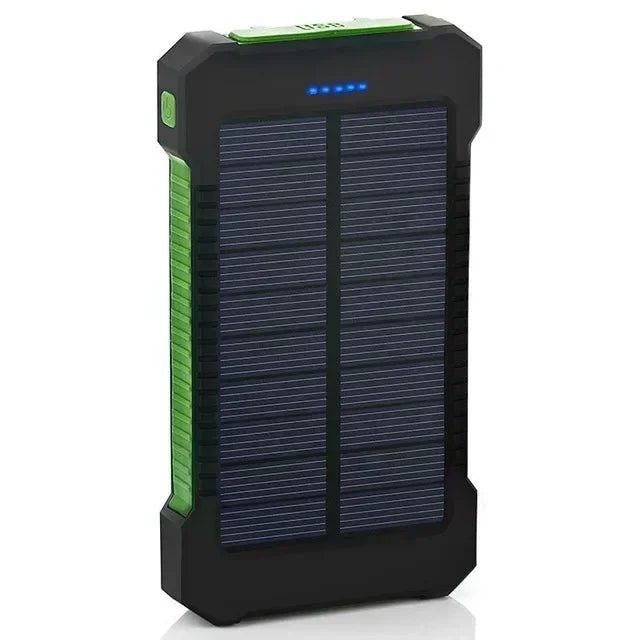 Rugged black and green portable solar power bank with LED charge indicator and top charging ports.