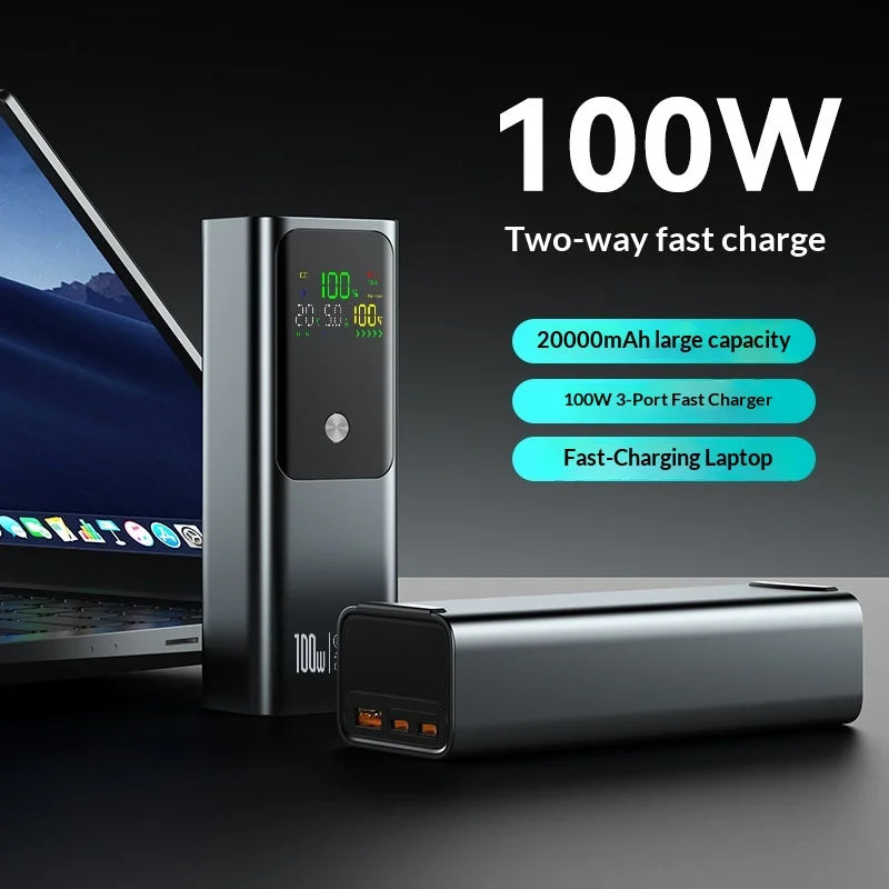 Dark grey, sleek 20,000mAh laptop power bank with 100W 3-port fast charging and a digital battery display.